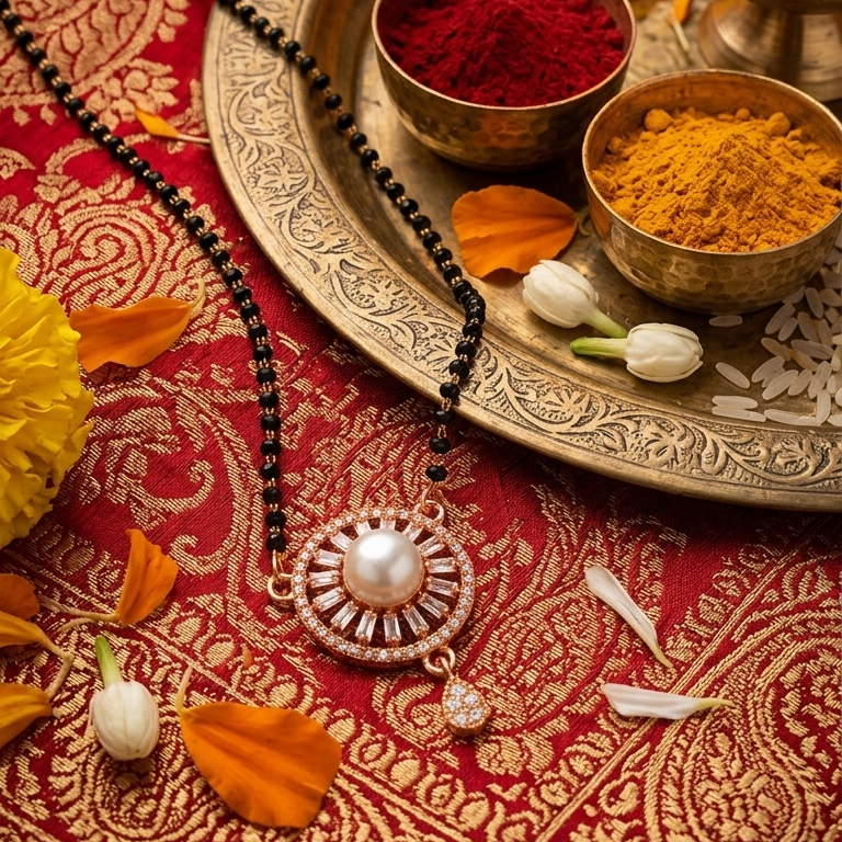 Decorative setting with colored powders, flowers, and a necklace on a red and gold patterned fabric.
