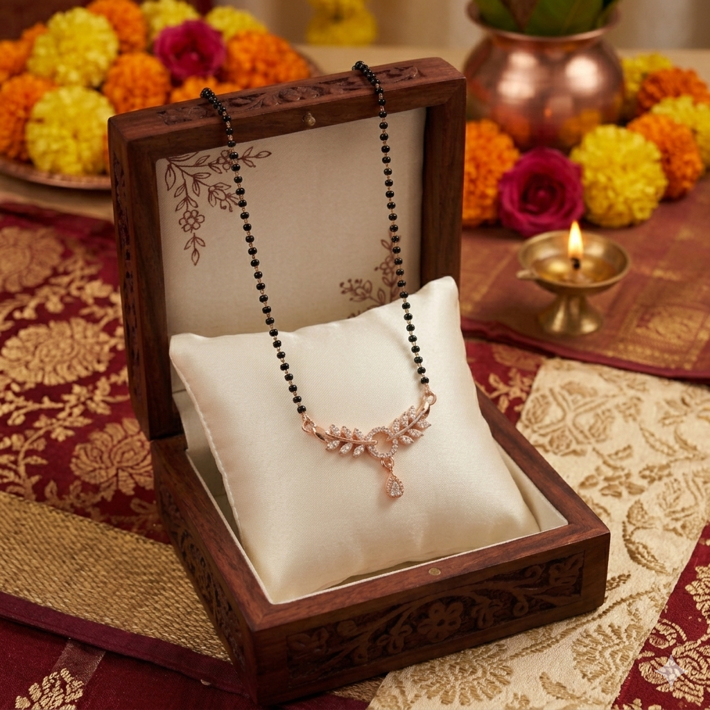 Necklace in a wooden box with decorative flowers and a lit candle in the background