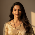 Rose gold-tone leaf motif mangalsutra with black bead chain, worn on model with saree