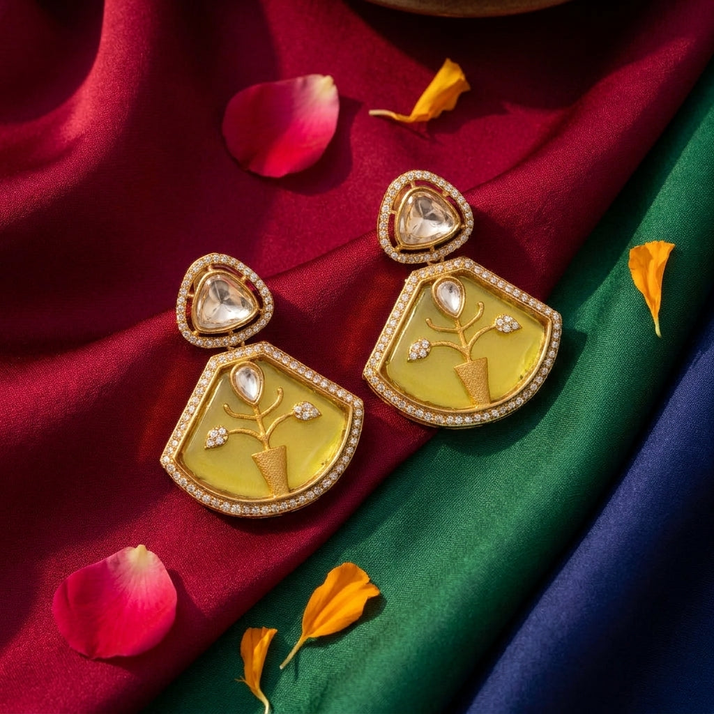 Lime Enamel Kundan Floral Statement Earrings