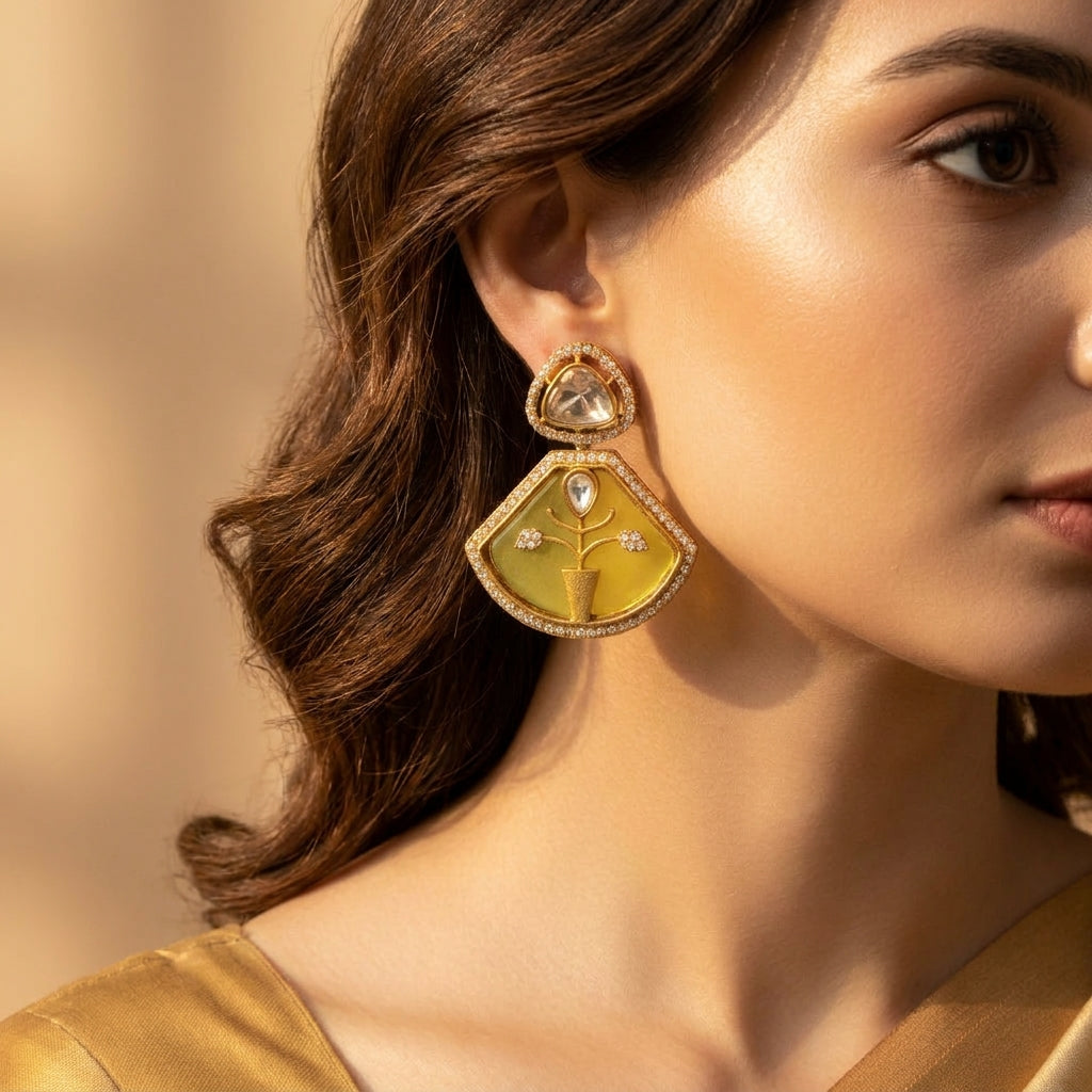 Lime Enamel Kundan Floral Statement Earrings