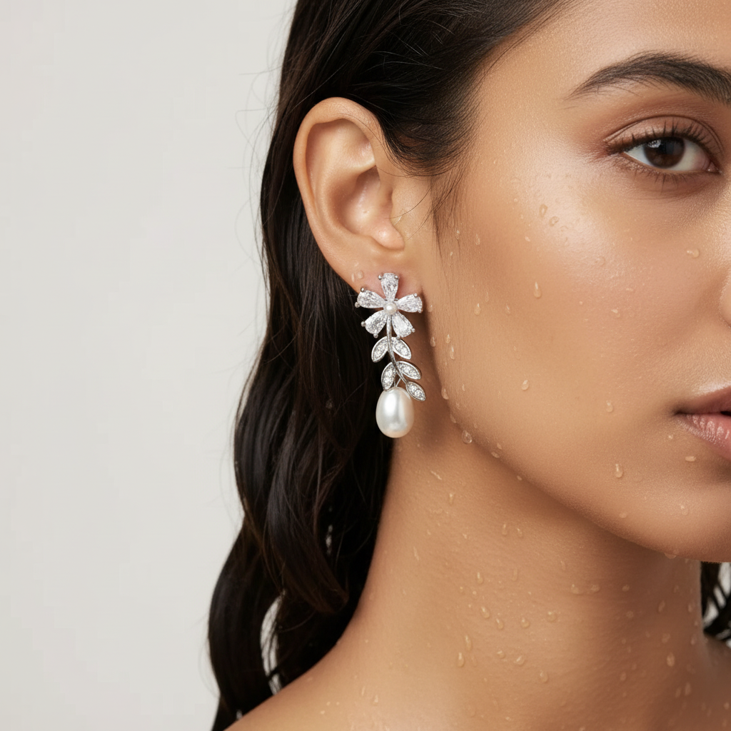 Crystal Blossom Pearl Drop Earrings