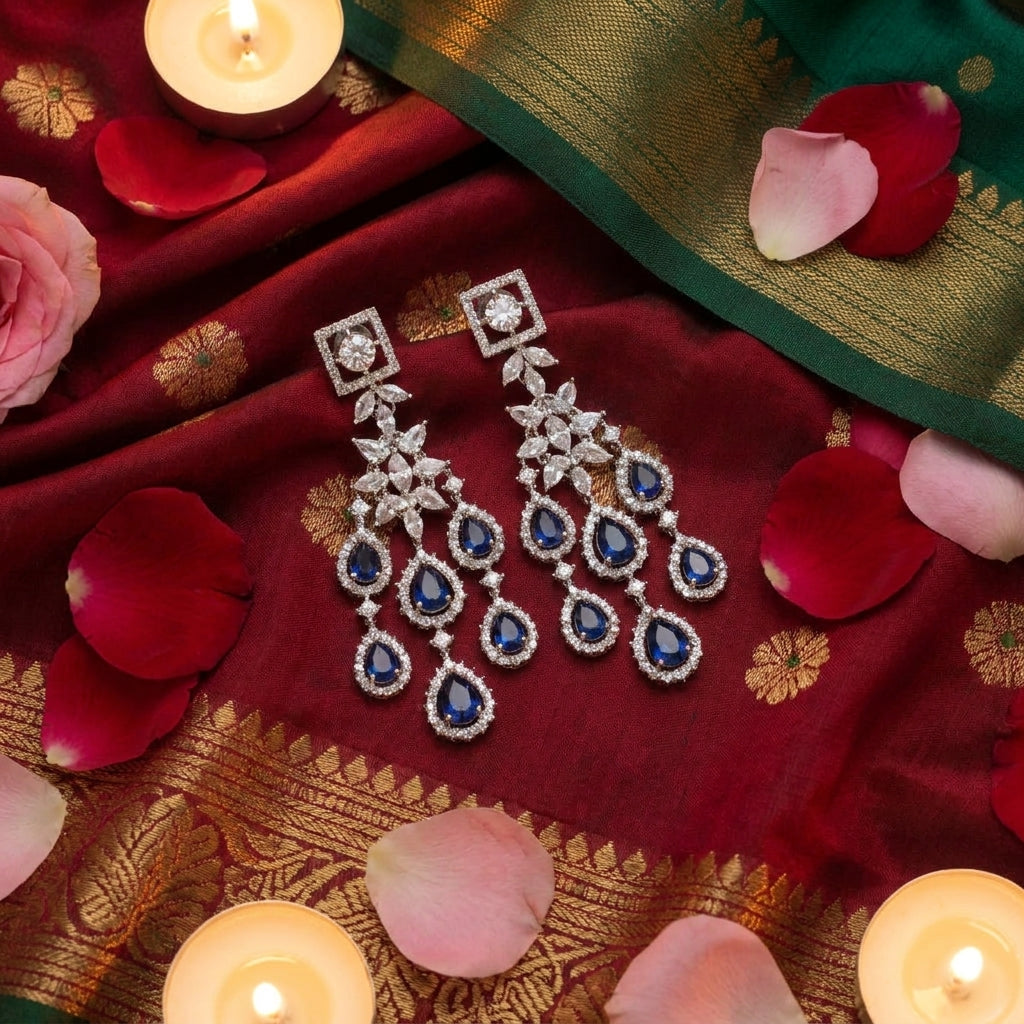 Midnight Sapphire Cascade Chandelier Earrings - festive styling