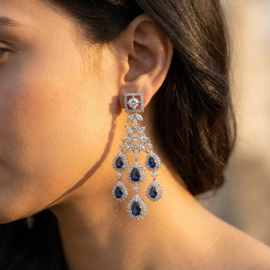 Midnight Sapphire Cascade Chandelier Earrings - worn on model