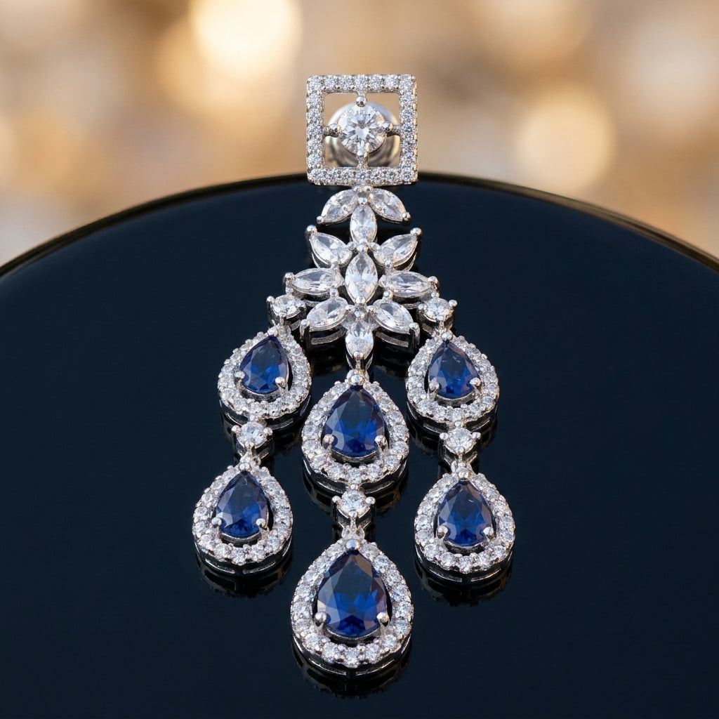 Midnight Sapphire Cascade Chandelier Earrings - macro detail