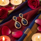 Midnight Sapphire Teardrop Halo Earrings - festive styling