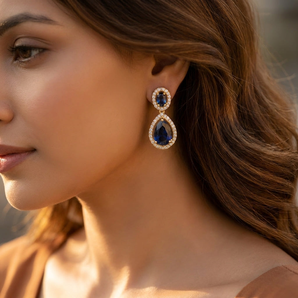 Midnight Sapphire Teardrop Halo Earrings - worn on model