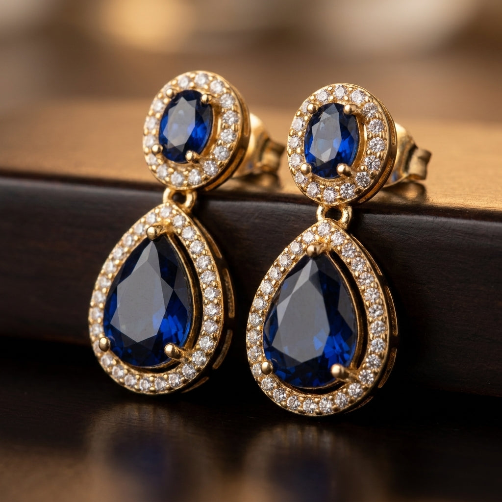 Midnight Sapphire Teardrop Halo Earrings - macro detail