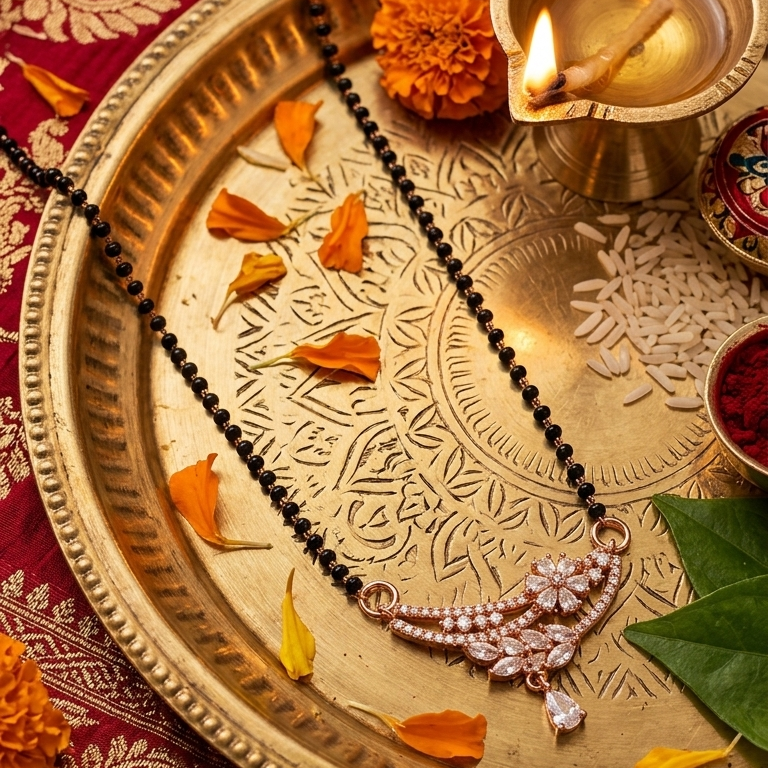 Decorative tray with jewelry, flowers, and a lit lamp on a patterned fabric background