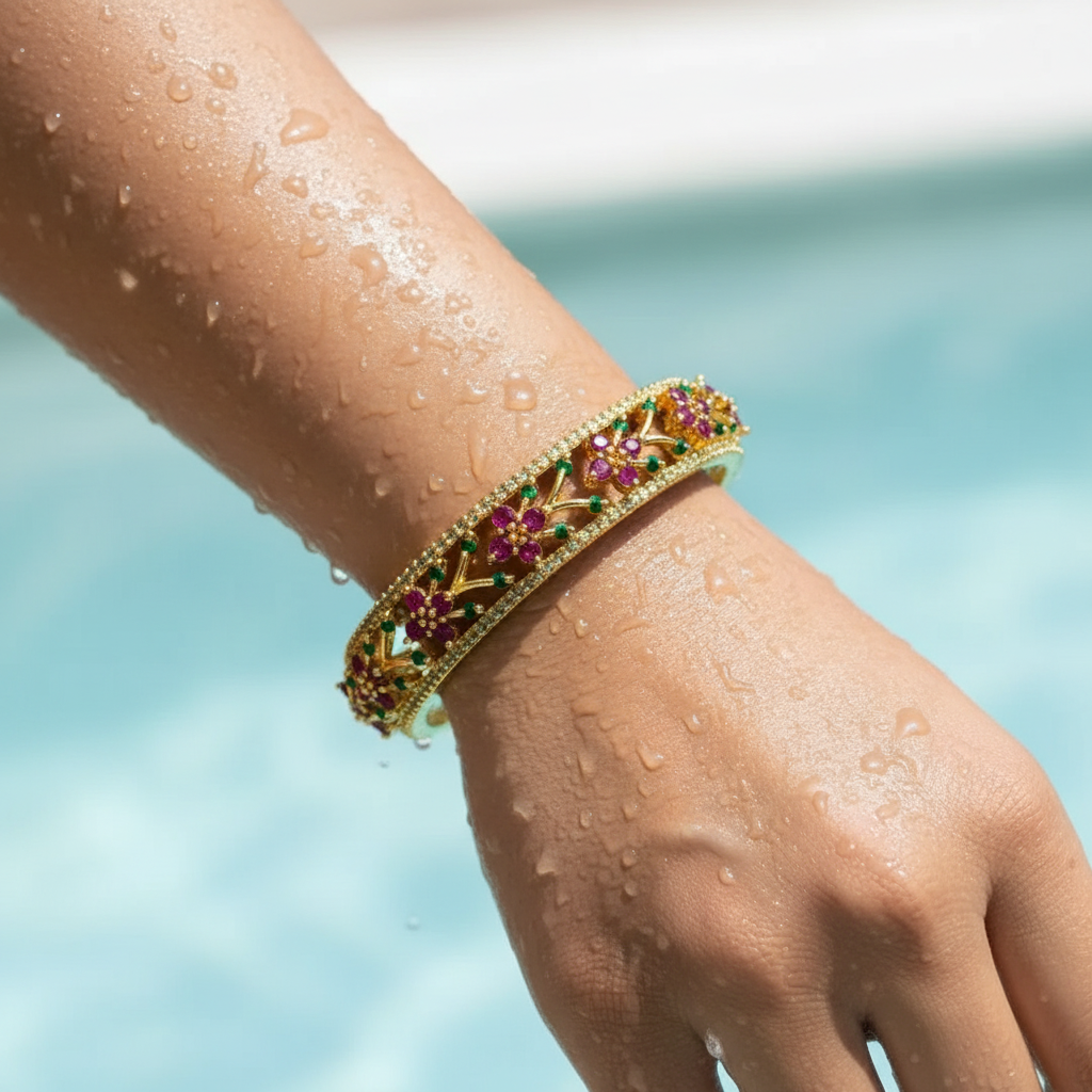 Floral Ruby & Emerald Gold Bangle Set