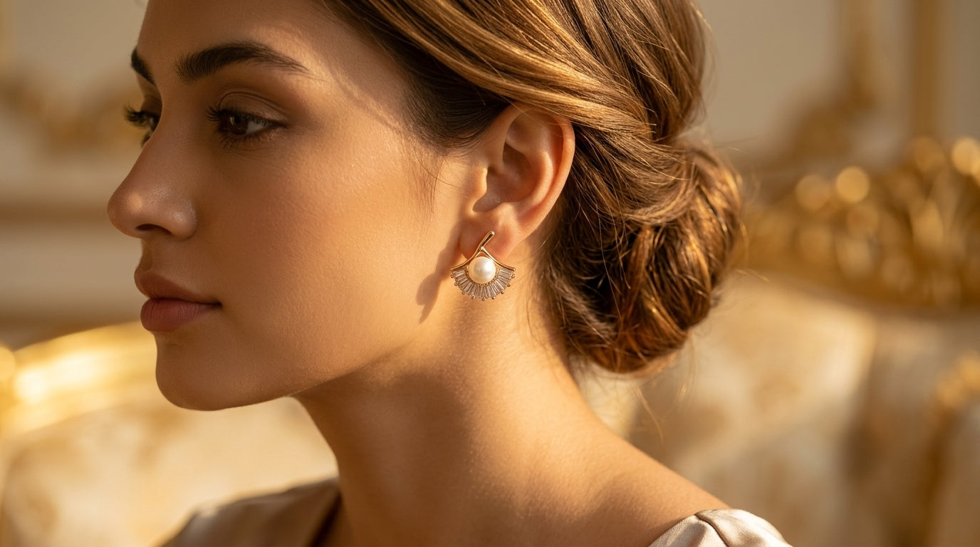 Pearl Halo Fan Stud Earrings