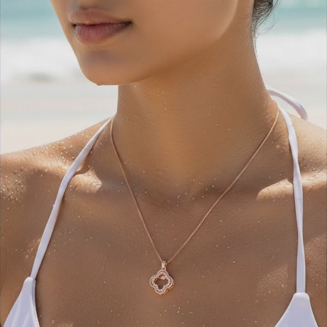 Rose Gold Floral Clover Crystal Pendant Necklace