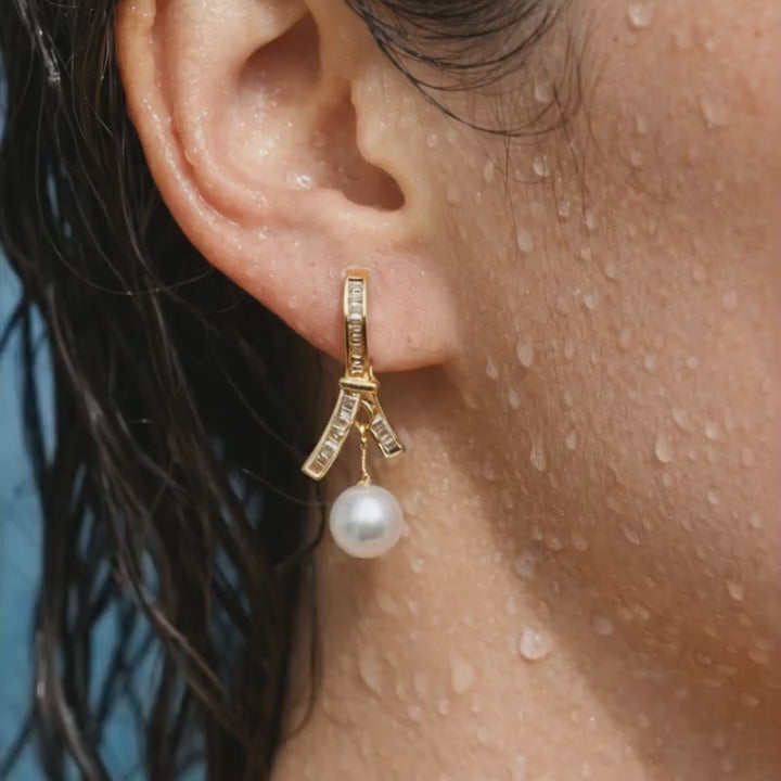 Gold Pearl Drop Statement Hoops