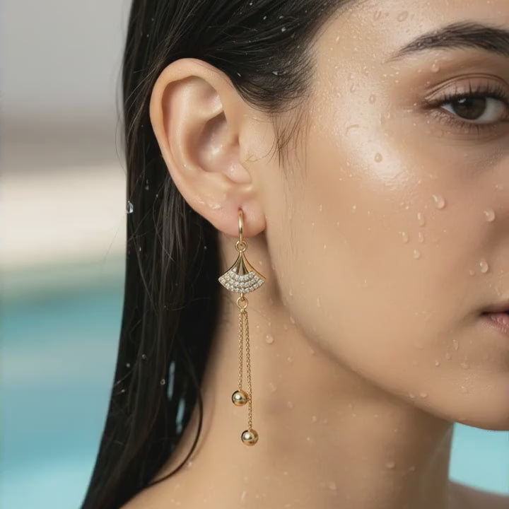 Fan Motif Crystal Tassel Earrings