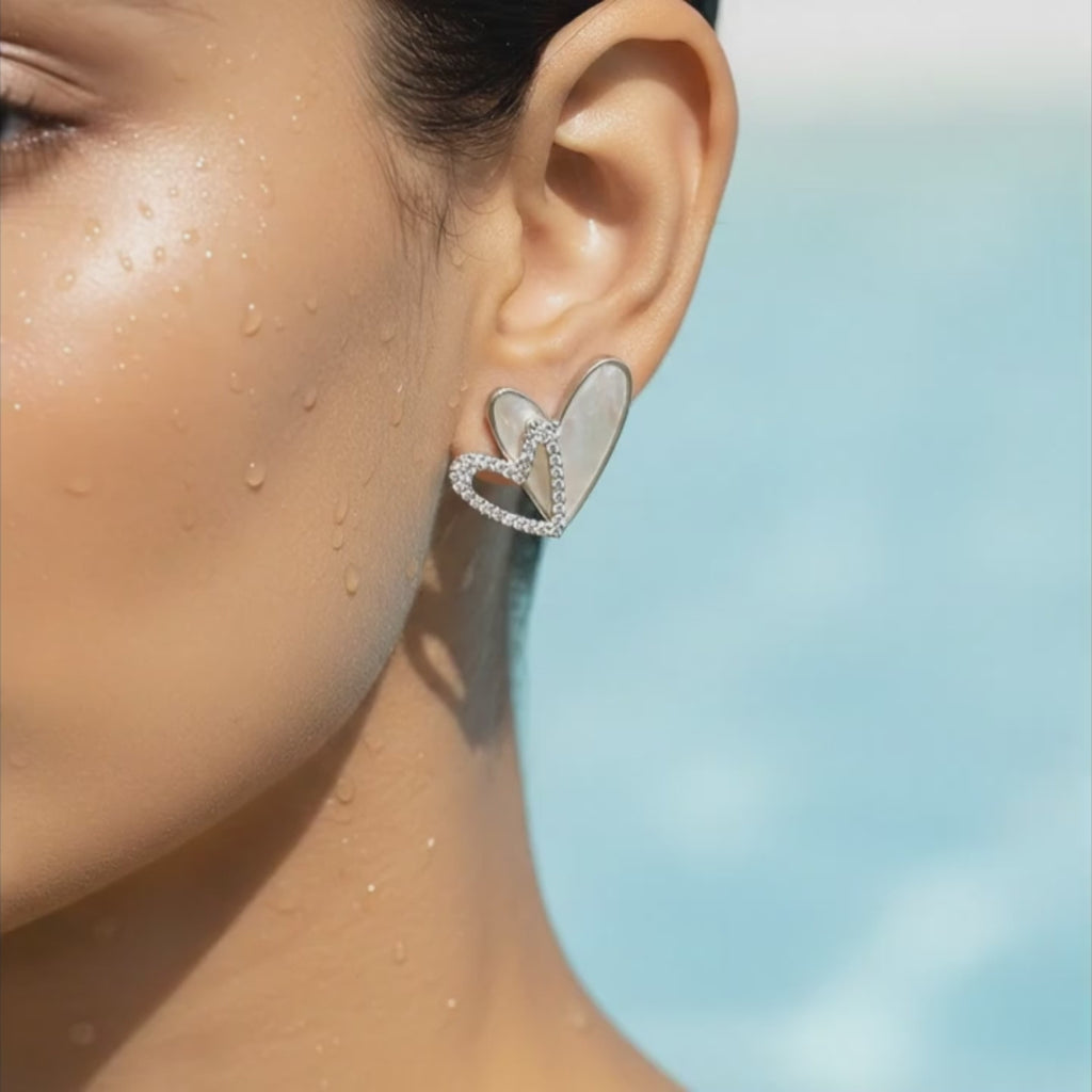 Dual Heart Pearl Inlay Stud Earrings
