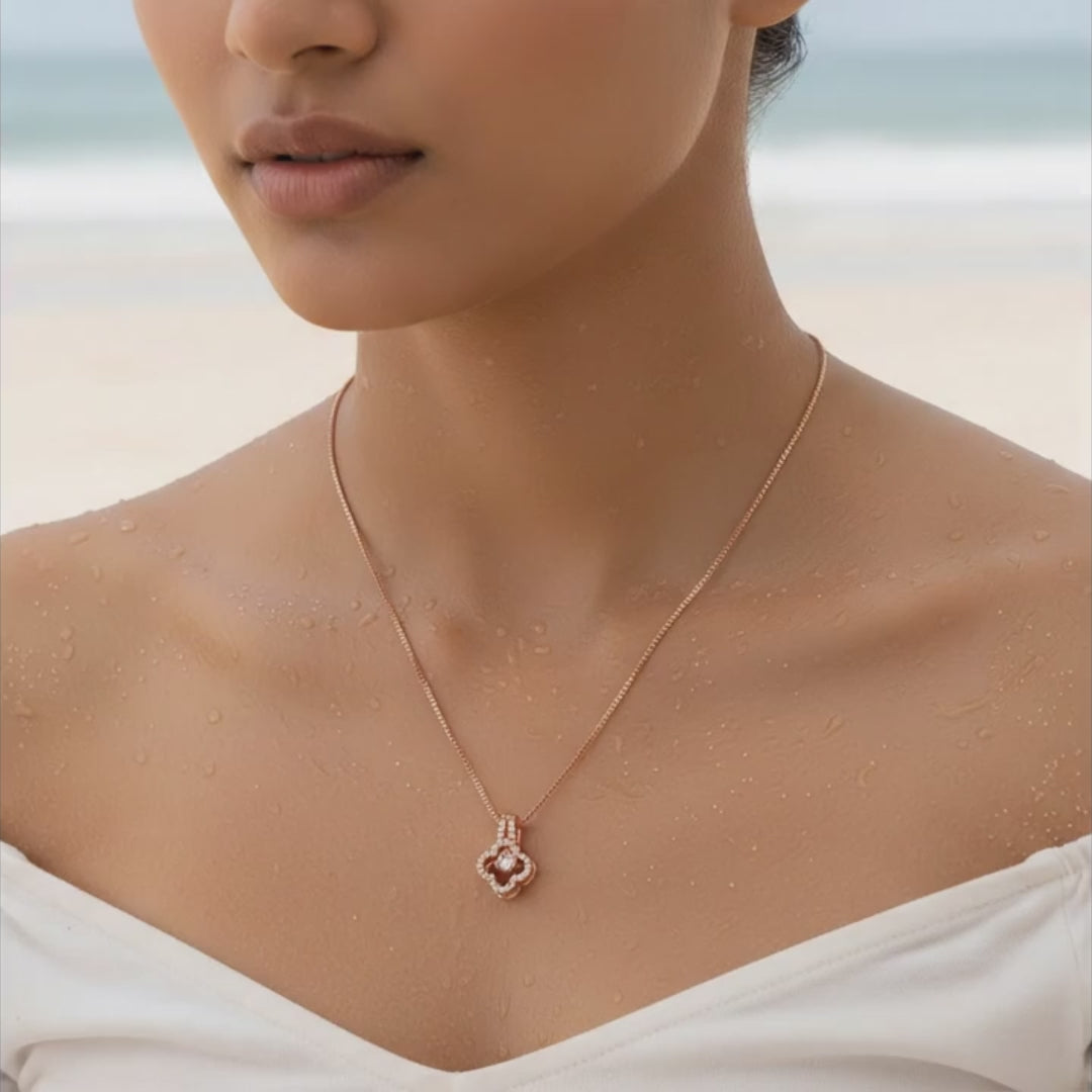 Rose Gold Floral Clover Crystal Pendant Necklace