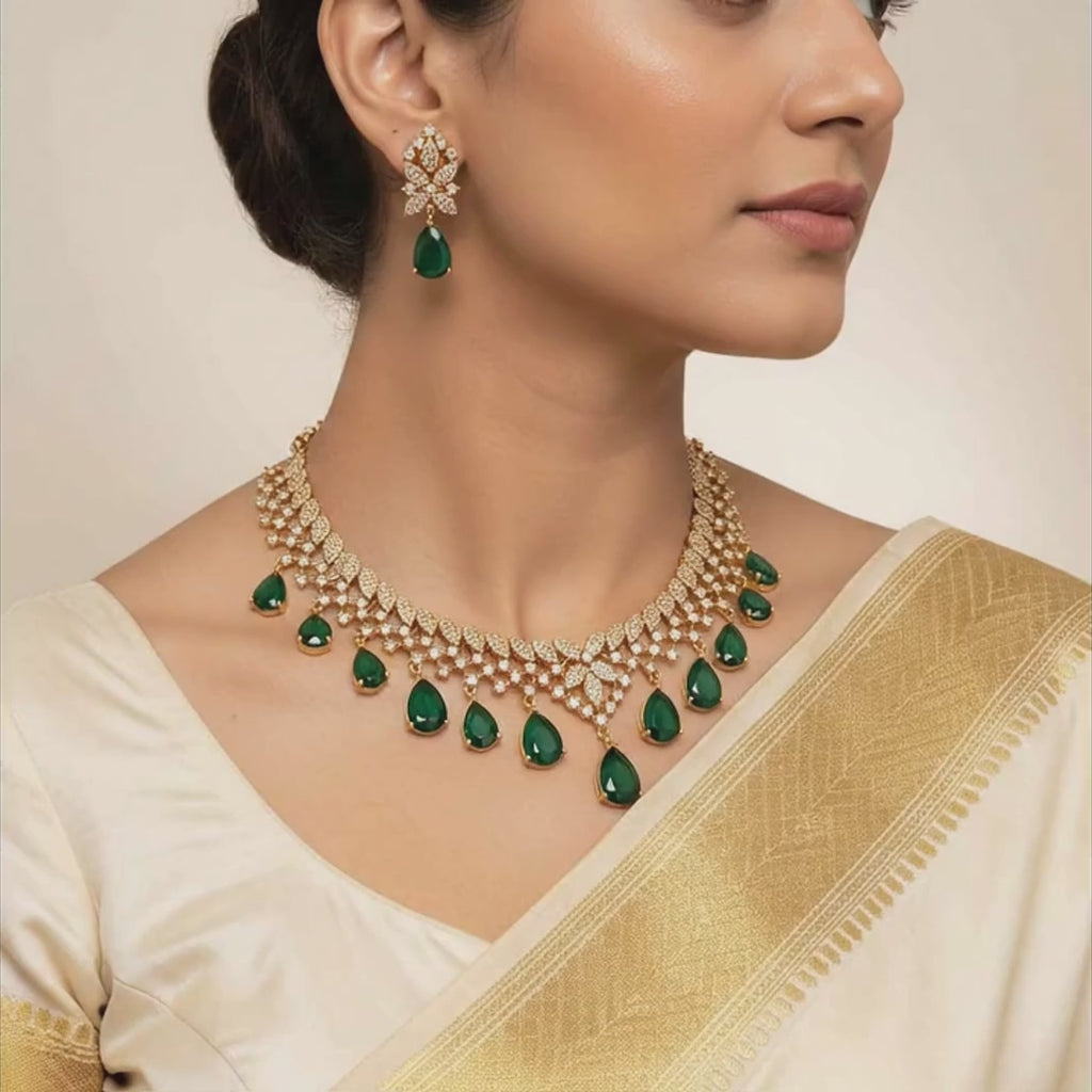 Emerald Cascade Diamond-Style Necklace Set