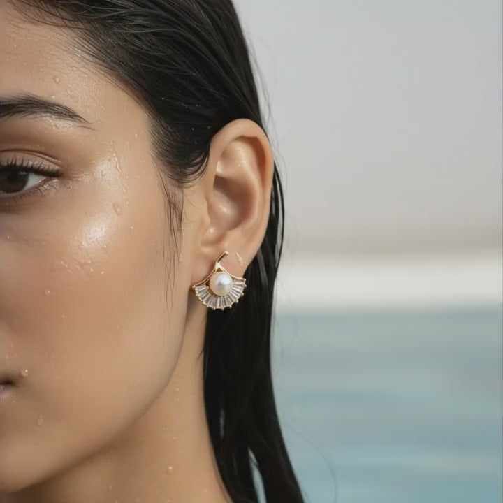 Pearl Halo Fan Stud Earrings