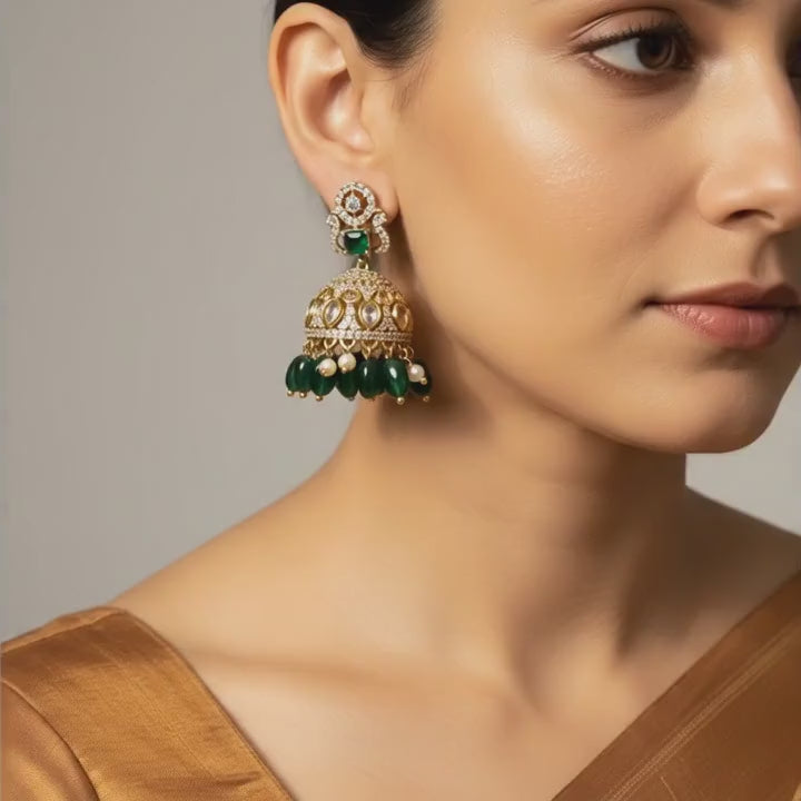 Emerald Beaded Temple Jhumka Earrings