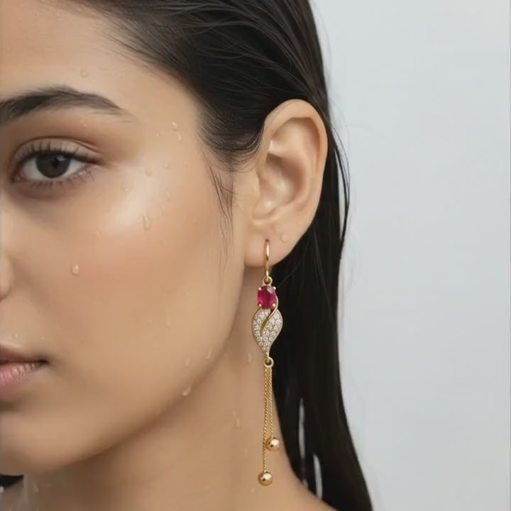 Ruby Accent Leaf Tassel Earrings