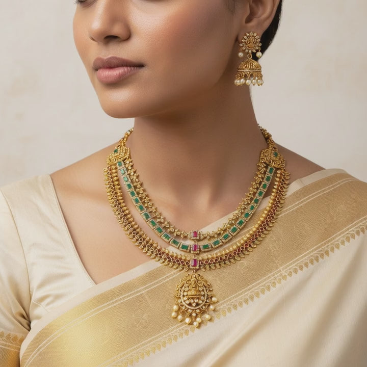 Triple-Layer Temple Lakshmi Haram Set