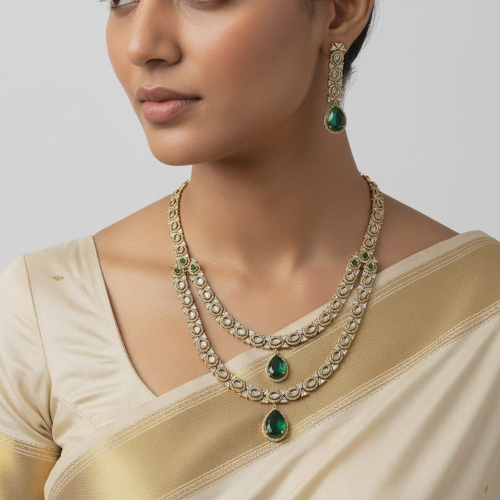Emerald Cascade Dual-Layer Necklace Set