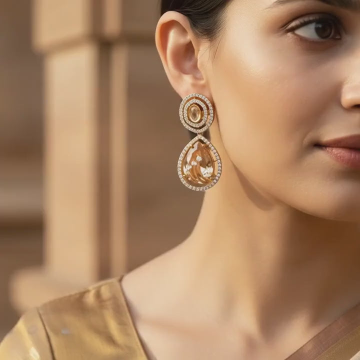 Champagne Crystal Halo Drop Statement Earrings