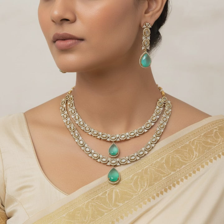 Dual-Layer Mint Stone Kundan Necklace Set