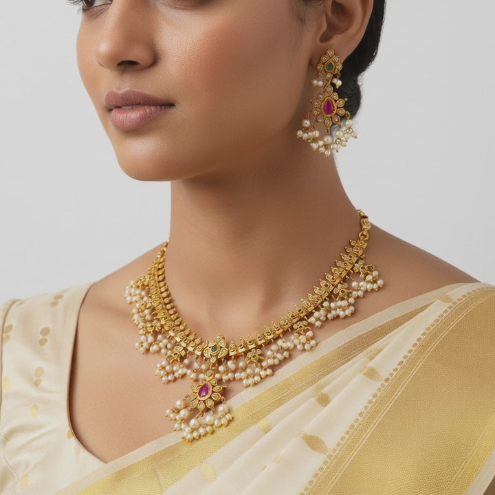 Temple Pearl Fringe Ruby Choker Set
