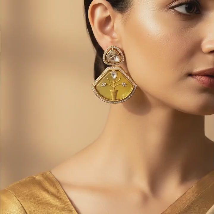 Lime Enamel Kundan Floral Statement Earrings