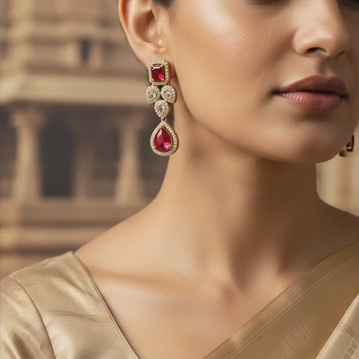 Ruby Red Crystal Drop Statement Earrings