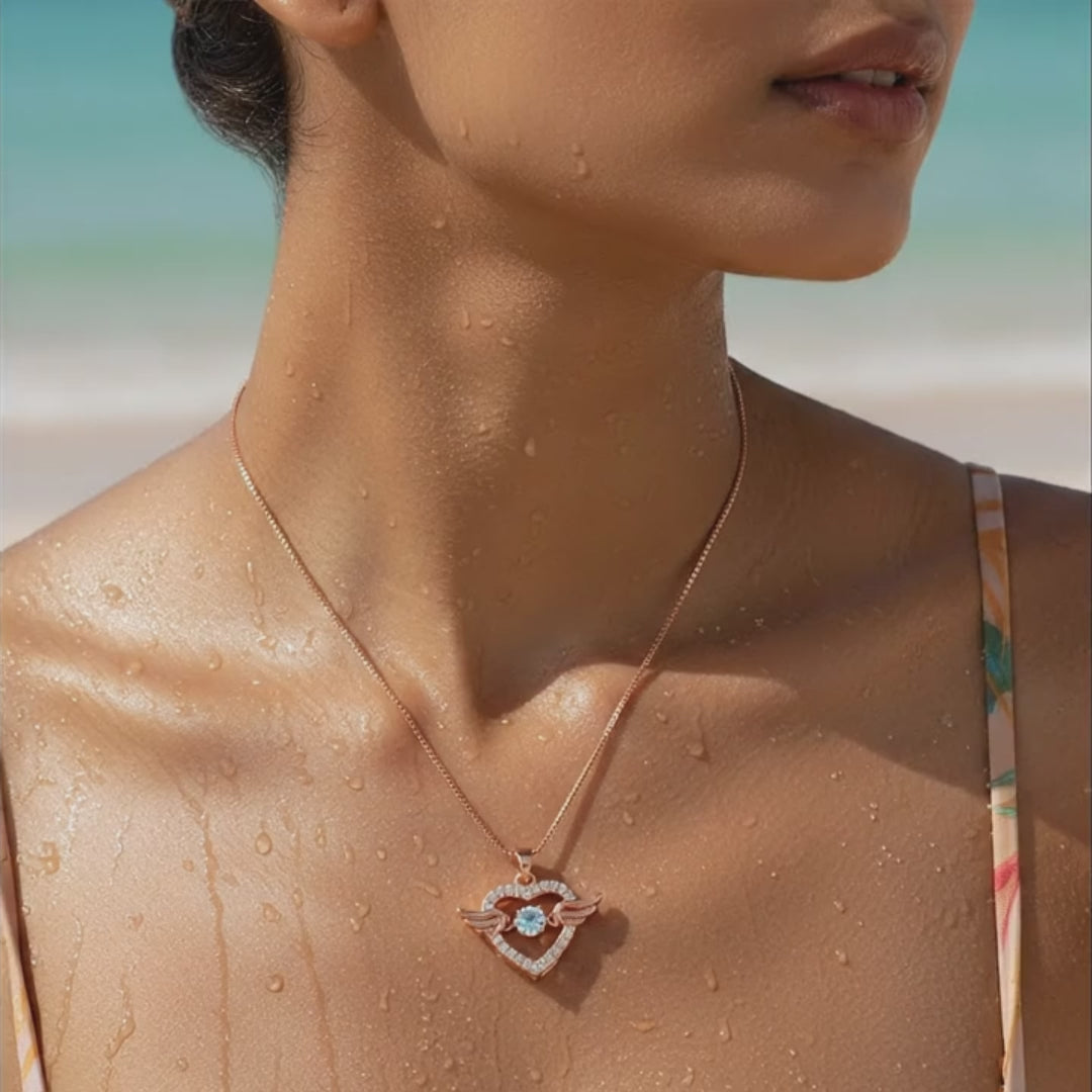Rose Gold Angel Wings Heart Crystal Pendant Necklace