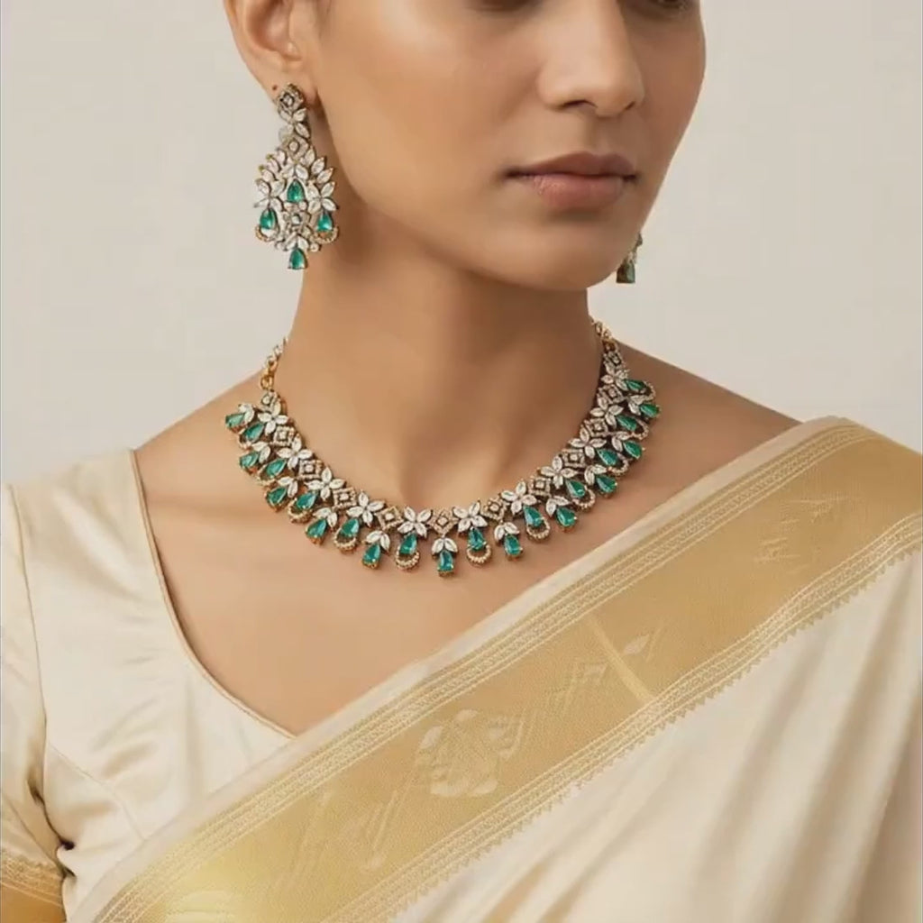 Emerald Teardrop Floral Necklace Set
