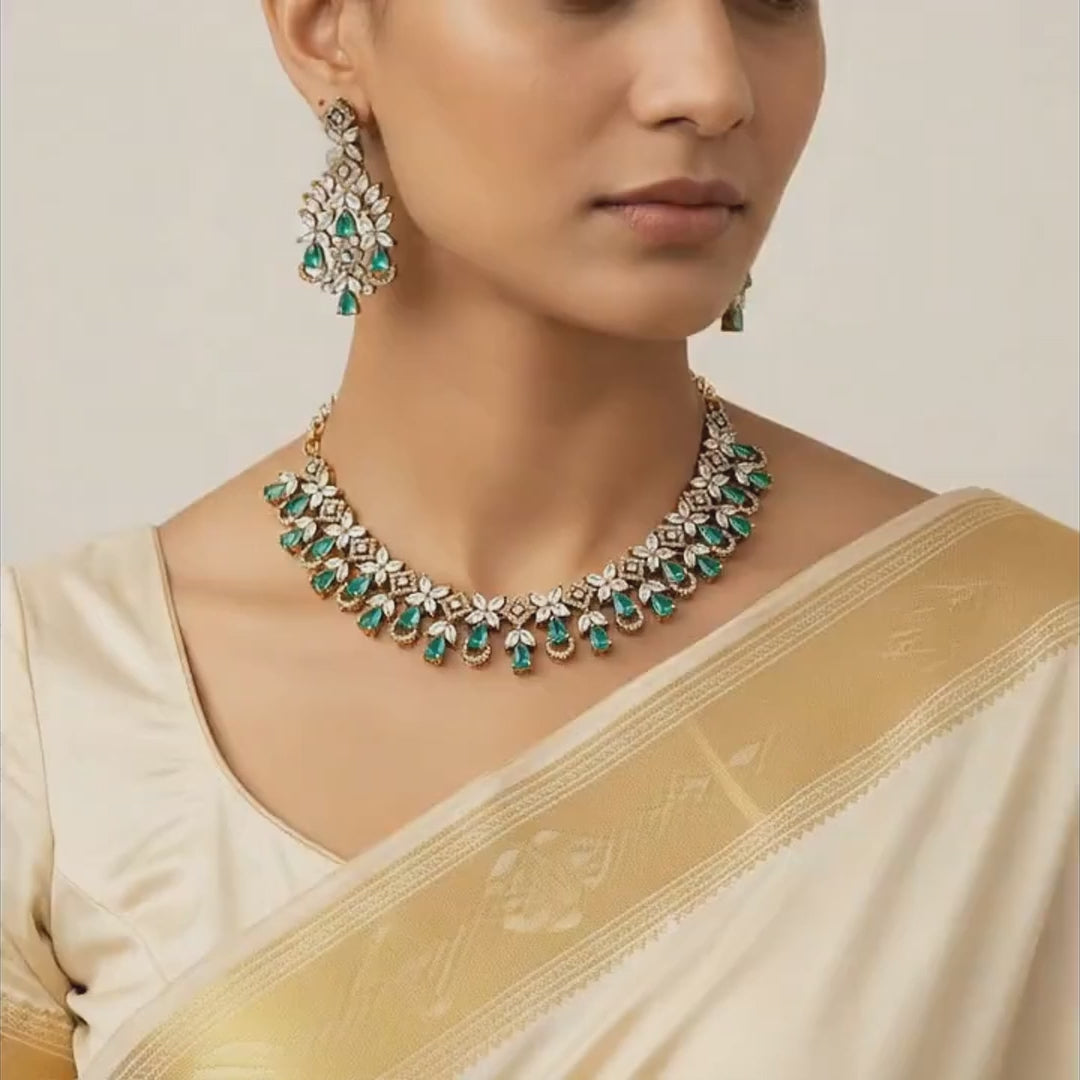 Emerald Teardrop Floral Necklace Set