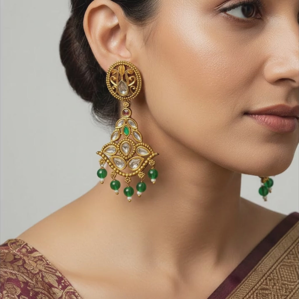 Green Bead Kundan Drop Earrings