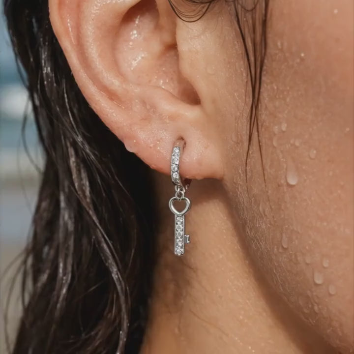 Crystal Key Charm Hoop Earrings
