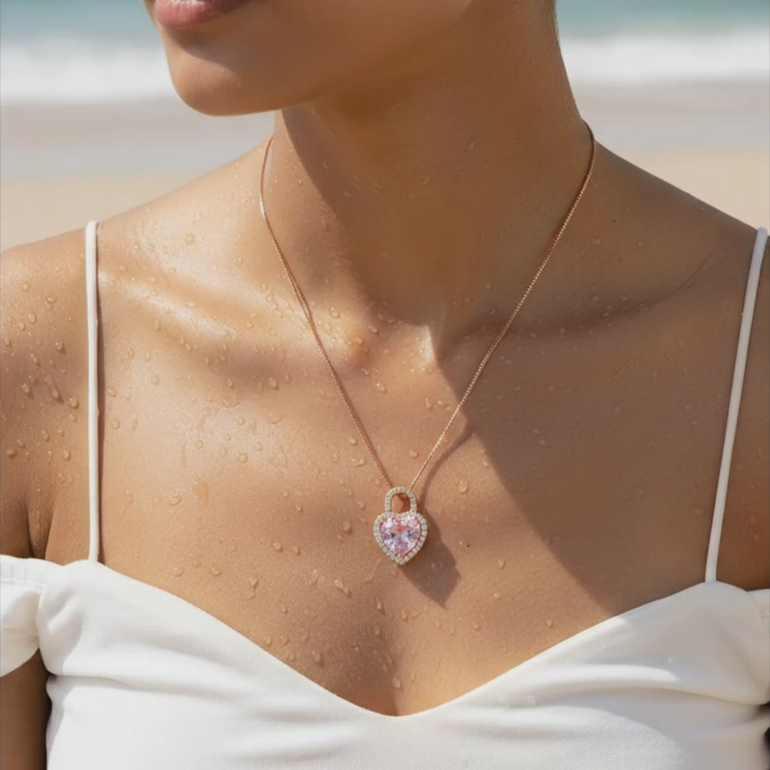 Rose Gold Heart Lock Crystal Pendant Necklace