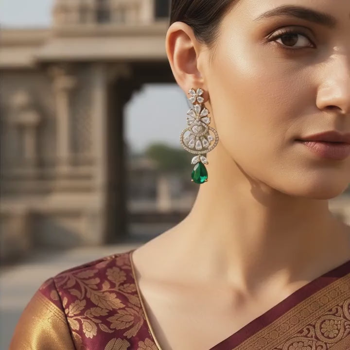 Emerald Drop Floral Halo Statement Earrings