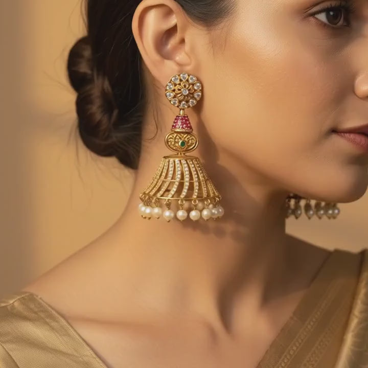 Temple Pearl Jhumka Statement Earrings