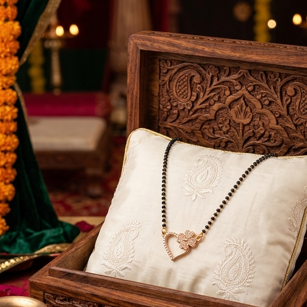 Decorative setting with a wooden box, white pillow, necklace, and marigold flowers on a colorful background.