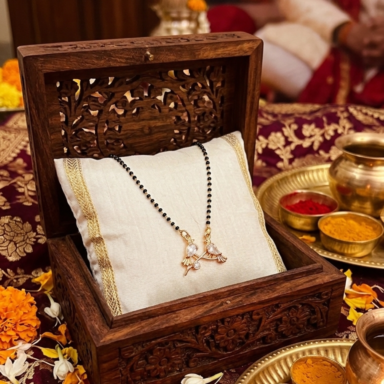 Decorative setting with a wooden box, jewelry, and lit candle on a patterned fabric.