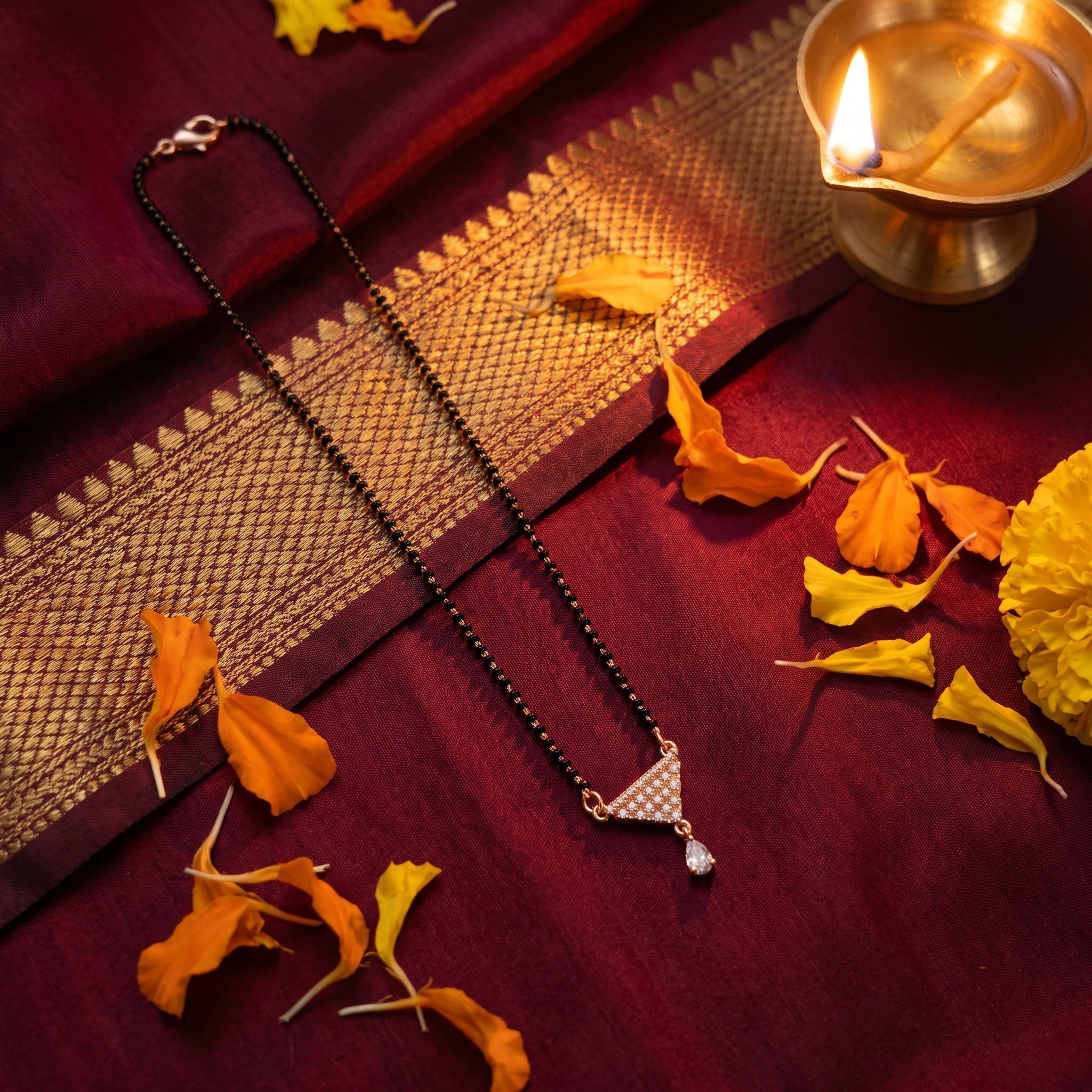 Rose Gold Triangular Geometric Drop Mangalsutra — festive editorial view, Krystal Jewels