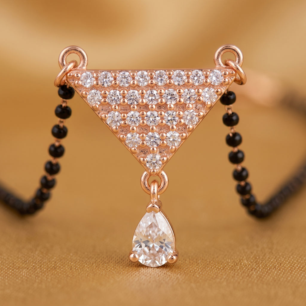 Rose Gold Triangular Geometric Drop Mangalsutra — macro detail view, Krystal Jewels