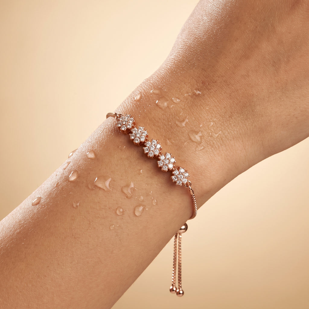 Rose Gold Sparkling Chain Bracelet — worn on wrist, waterproof lifestyle view, Krystal Jewels