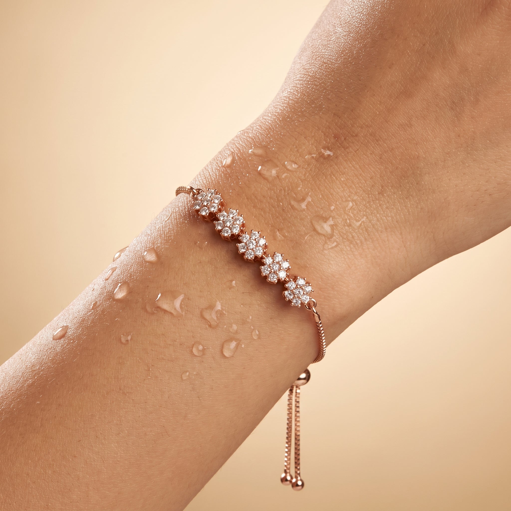 Rose Gold Sparkling Chain Bracelet — worn on wrist, waterproof lifestyle view, Krystal Jewels