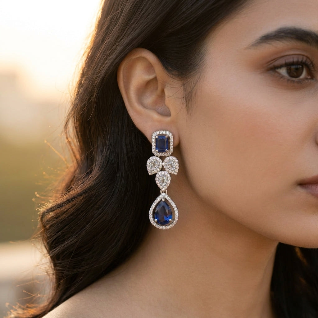 Royal Blue Crystal Drop Statement Earrings