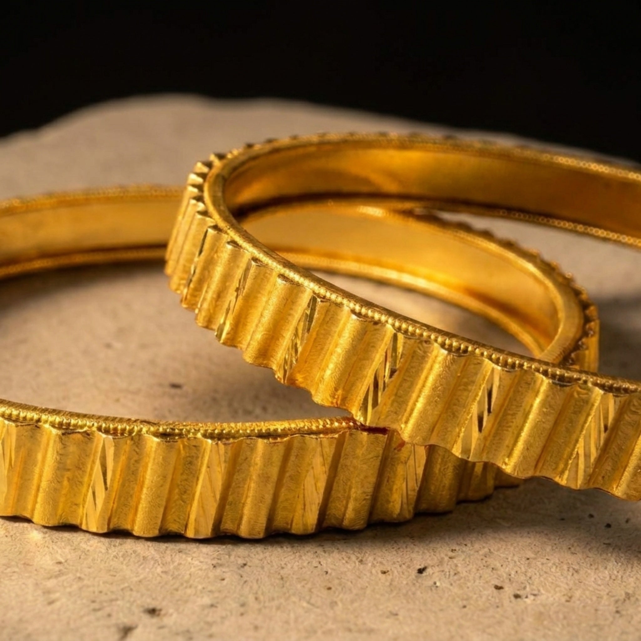 KJ-AI-GALLERY-v1 | Royal Ridge Gold Bangle Set — macro detail | Krystal Jewels