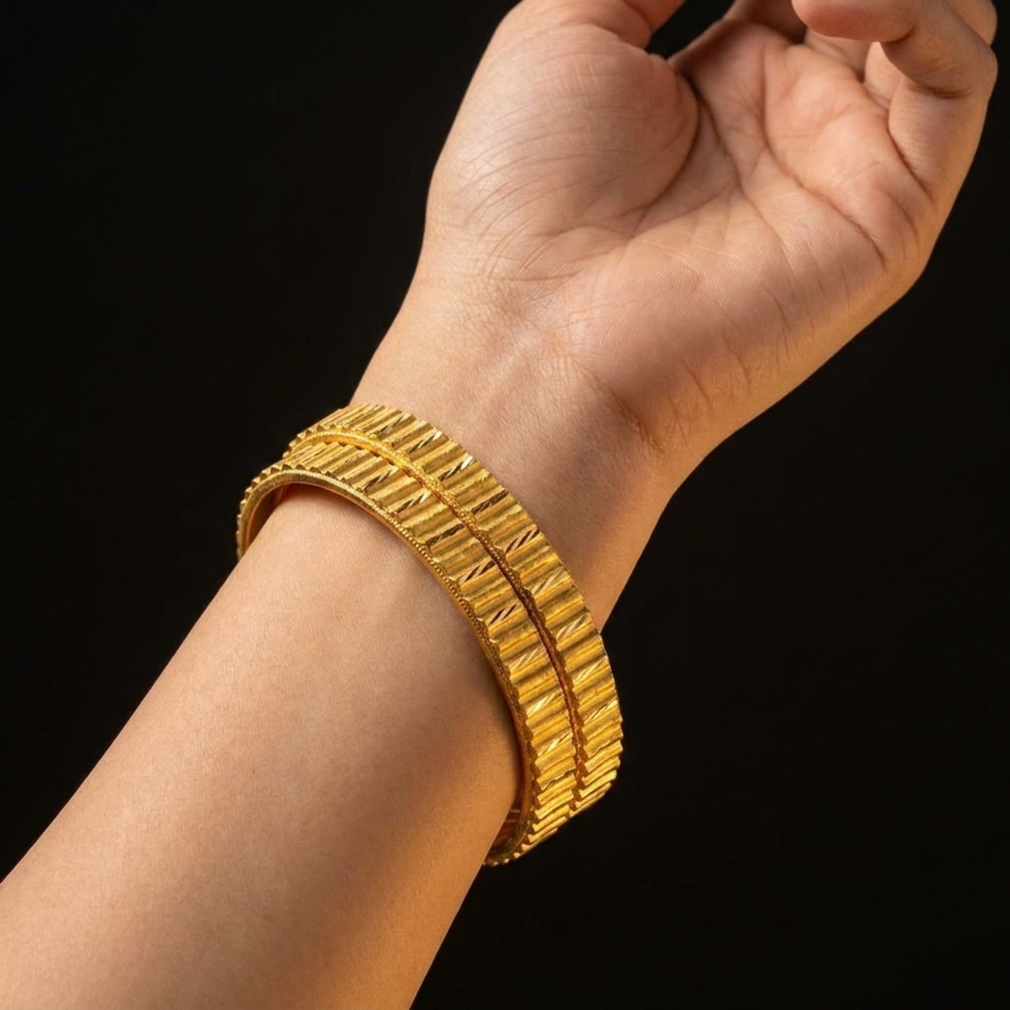 KJ-AI-GALLERY-v1 | Royal Ridge Gold Bangle Set — lifestyle alternate angle | Krystal Jewels