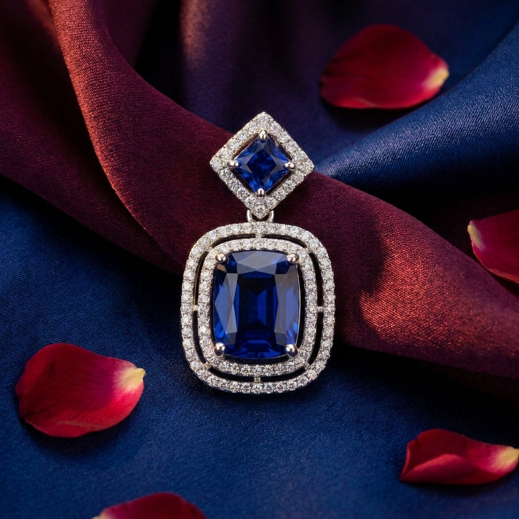 Royal Sapphire Cushion Halo Statement Earrings