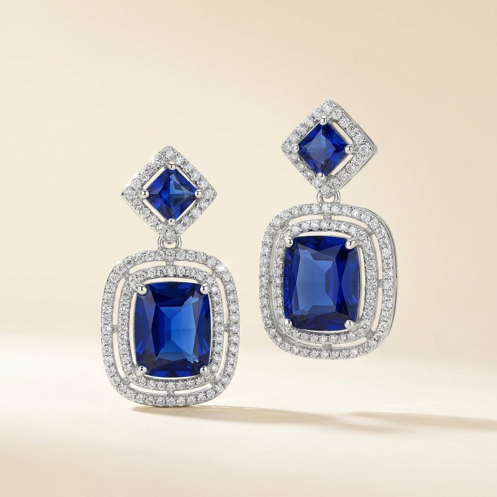Royal Sapphire Cushion Halo Statement Earrings